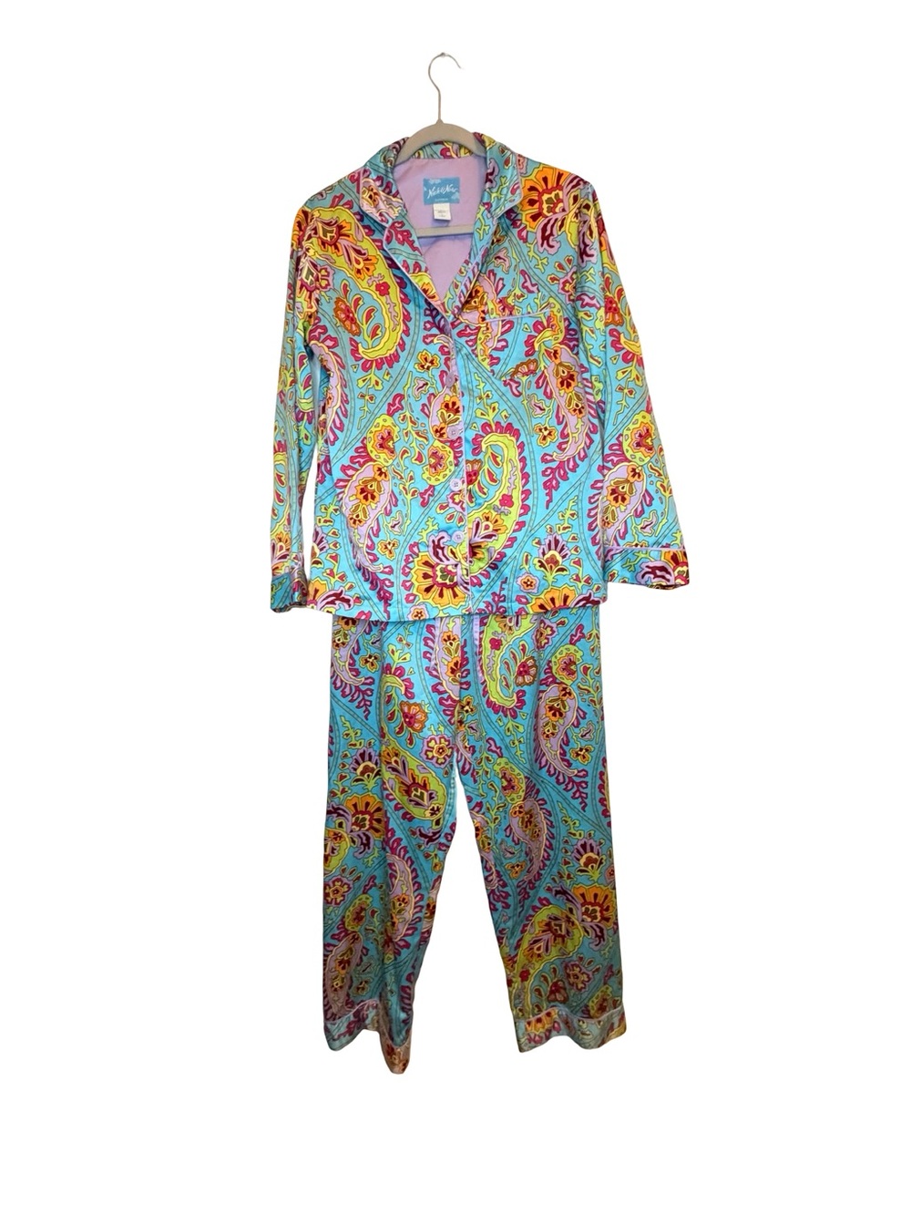 Nick & Nora Sleepwear Paisley Satin Pajama Set Blue Multicolor Small Y2K - Picture 2 of 11